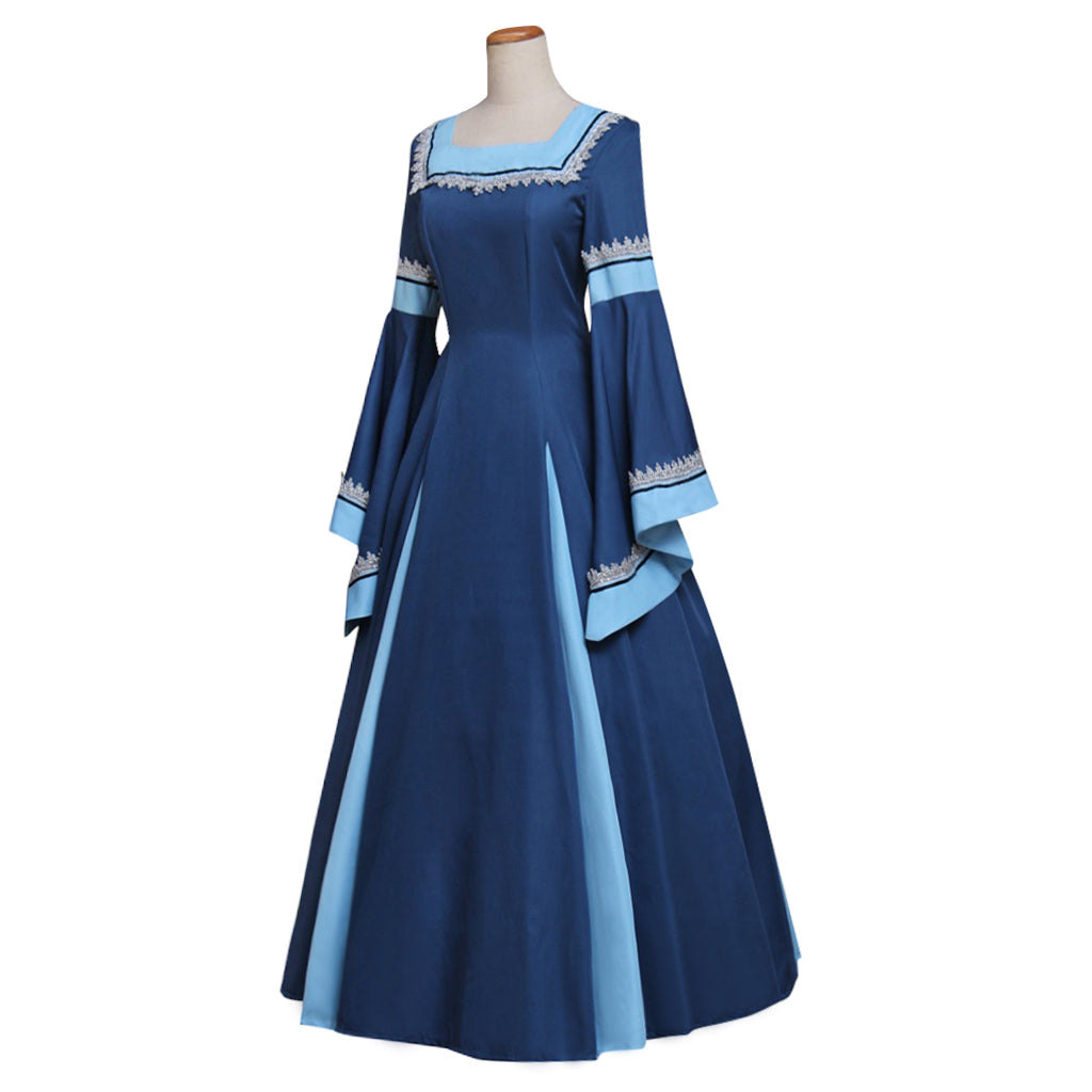 Medieval Vintage Regency Dress Square Neck Navy Blue Light Blue Gown Medieval Cosplay Costume Long Sleeve With Trim Renaissance Gown Women Cosplay Costume Adult Ladies Halloween Christmas Dress