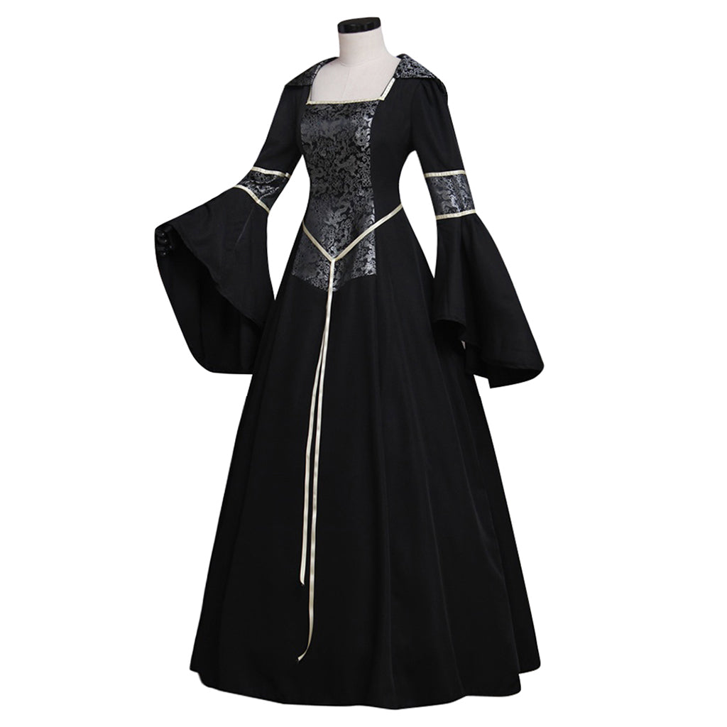 Medieval Gothic Queen Cosplay Costume  Vintage Regency Dress  Victorian Costume Square Neck Black Gown With Silver Pattern Trim Long Flared Sleeve Renaissance Cosplay Costume Adult Ladies Halloween Christmas Dress