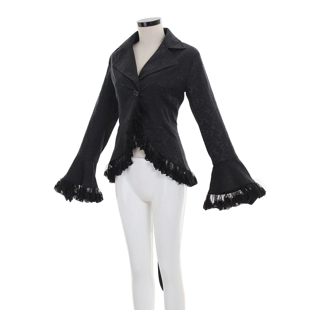 Medieval Gothic Purple Brocade Jacket Flared Sleeves with Black Lace Trim Renaissance Vintage Cosplay Costume Coat