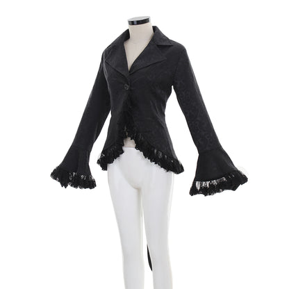 Medieval Gothic Purple Brocade Jacket Flared Sleeves with Black Lace Trim Renaissance Vintage Cosplay Costume Coat