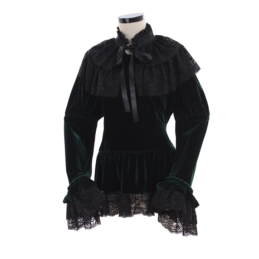 Gothic Victorian-Inspired Deep Green Velvet Blouse with Black Lace Ruffles, High Neck, and Bow Accent