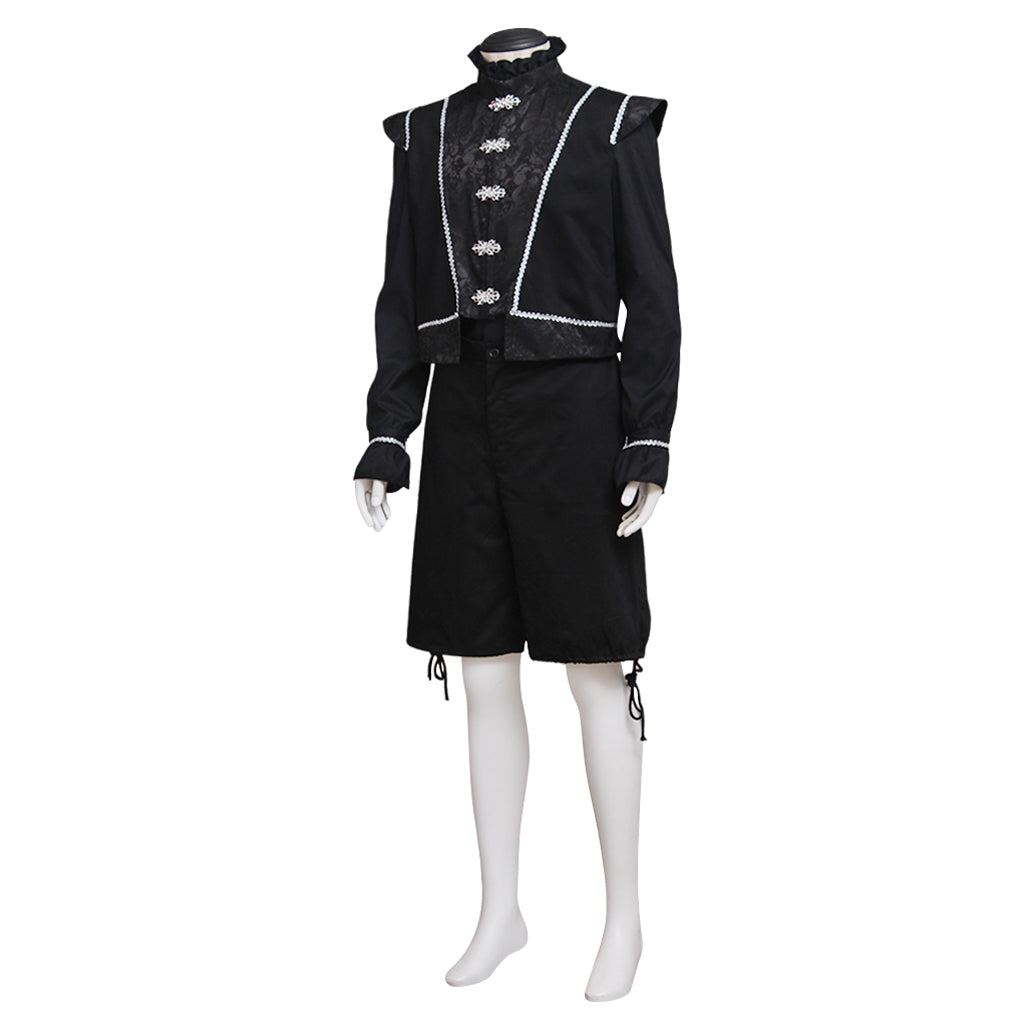 Medieval Men's Black Embellished Jacket with Silver Accents and Black Breeches Costume for Cosplay Renaissance Halloween Themed Events
