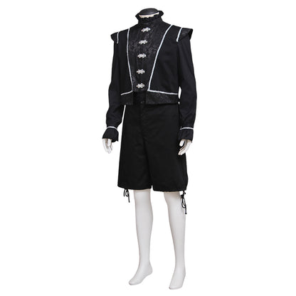 Medieval Men's Black Embellished Jacket with Silver Accents and Black Breeches Costume for Cosplay Renaissance Halloween Themed Events