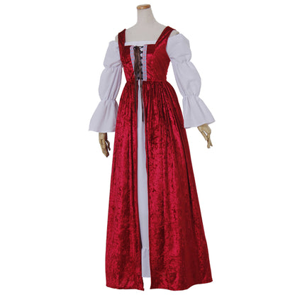 Medieval Renaissance Women's Red and White Cosplay Dress with Square Neck, Puff Sleeves, Button Front and Contrast Trim Gothic Ladies Halloween Party Outerwear