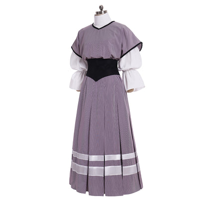 Medieval Women Renaissance Purple With White Stripes And Black Belt Cosplay Costume Adult Vintage Court Puff Sleeve High Waist Maxi Dress Ladies Halloween Christmas