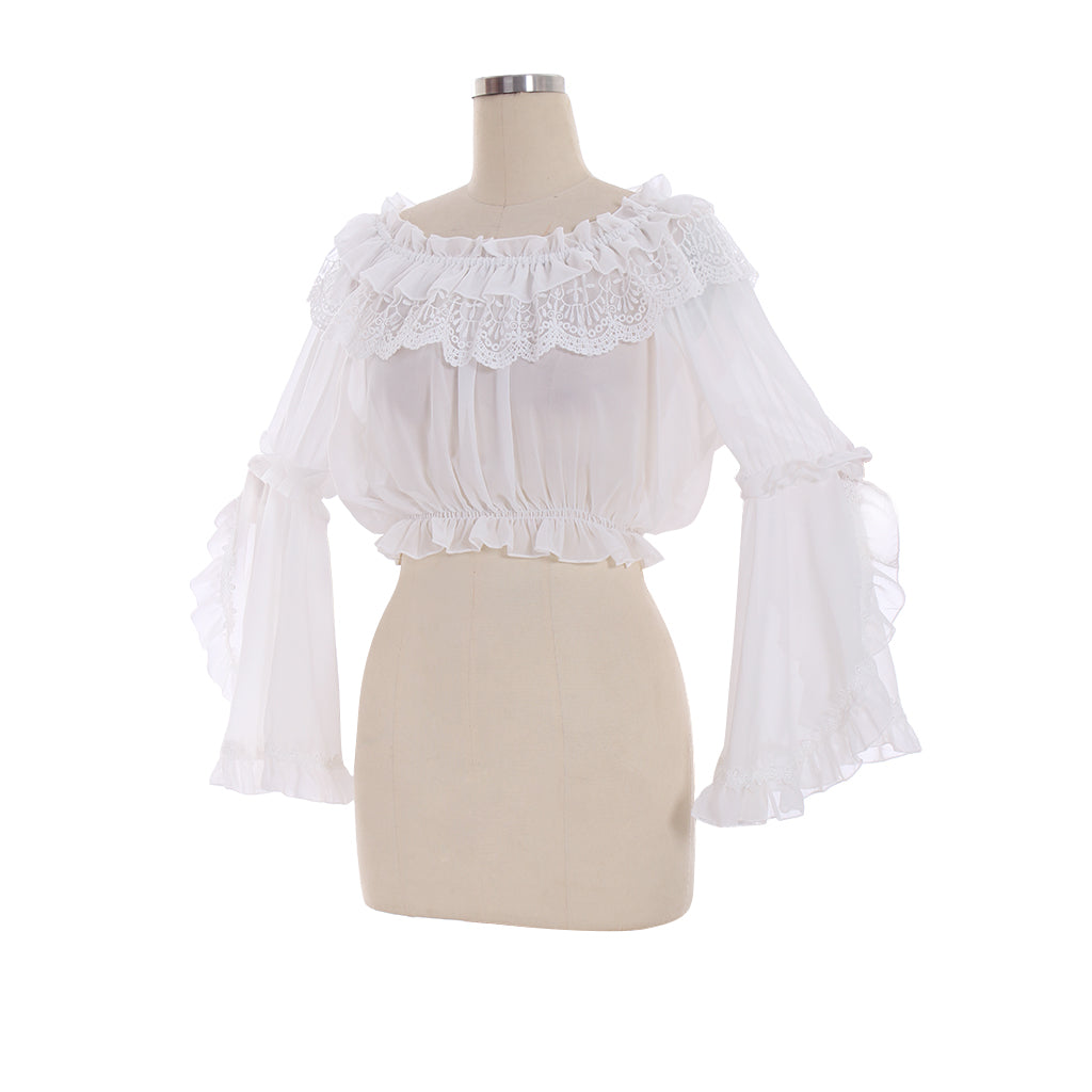 Medieval Gothic White Off-Shoulder Chiffon Crop Top with Lace Ruffled Neckline and Bell Sleeves