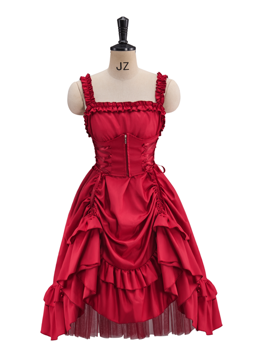 Victorian Red Strapless Ruffled Ball Gown for Historical Reenactments Victorian Themed Events Halloween and Christmas Celebrations