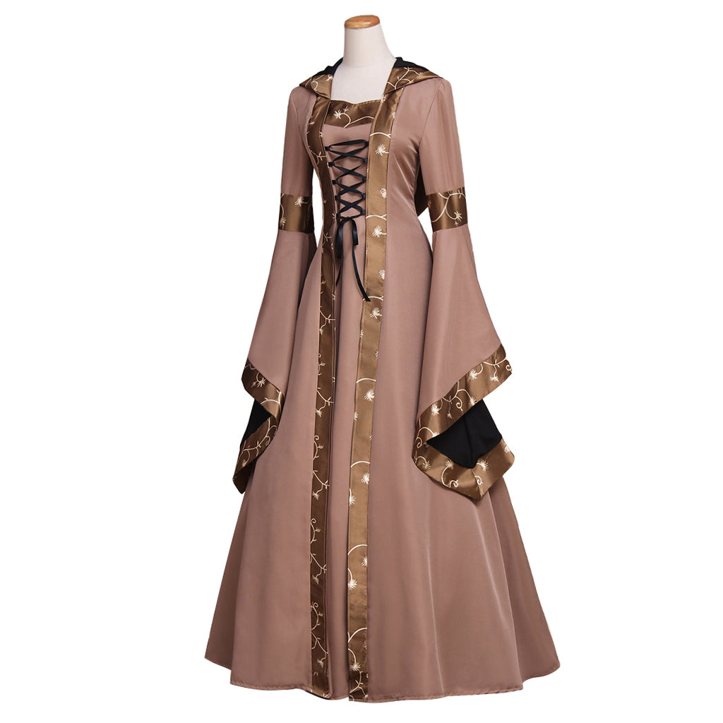 Medieval Women Renaissance Brown Cosplay Costume Adult Ancient Gown With Lace - Up Bell Sleeves Norse Gothic Ladies Halloween Christmas Dress