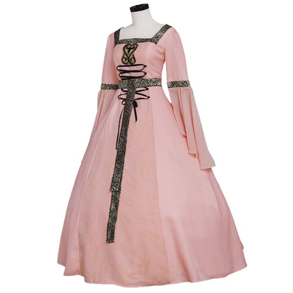 Medieval Women Renaissance Victorian Cosplay Costume Long Sleeve Embroidered Tie Waist Pink Gown Adult Ladies Halloween Christmas Dress