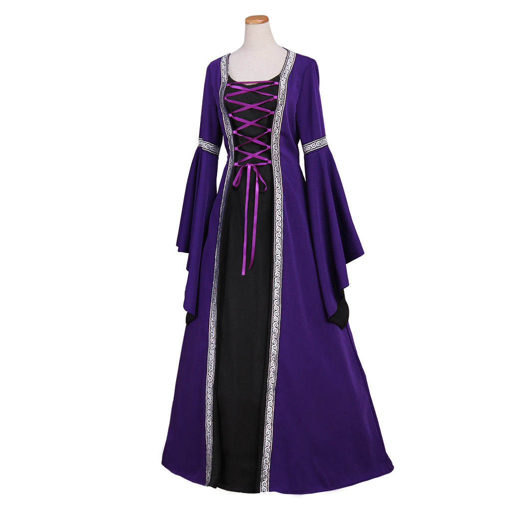 Medieval Women Viking Purple And Black Cosplay Costume Adult Renaissance Ancient Gown With Lace Up And Bell Sleeves Norse Gothic Ladies Halloween Christmas Dress