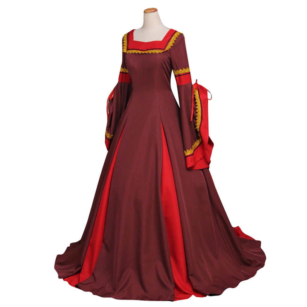 Medieval Women Renaissance Victorian Cosplay Costume Flared Long Sleeve Contrast Trimmed Color Block Burgundy Red Gown Adult Ladies Halloween Christmas Dress