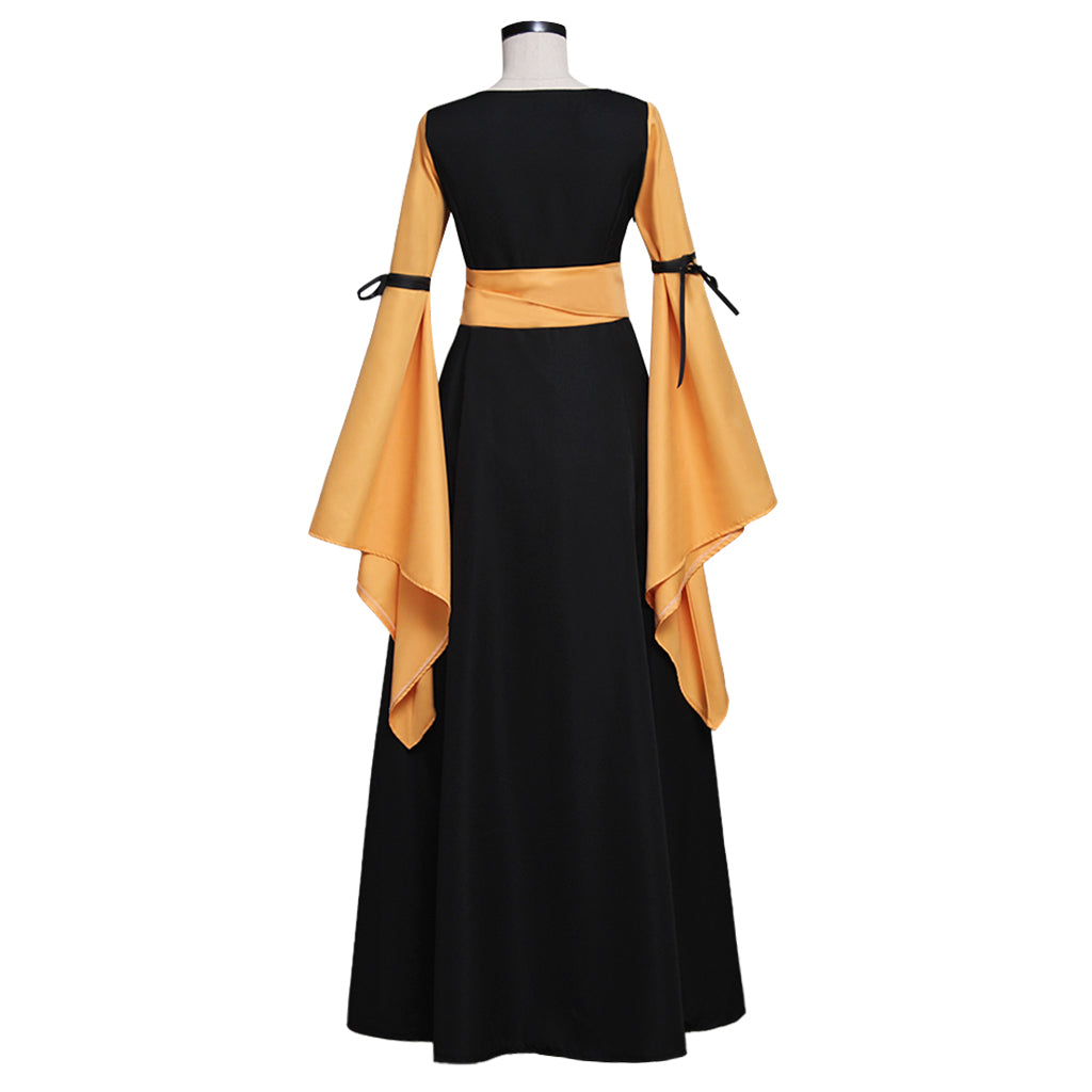 Medieval Vintage Regency Dress Square Neck Black Yellow Gown Medieval Princess Dress Long Sleeve With Bowknot Renaissance Gown With Belt Women Cosplay Costume Adult Ladies Halloween Christmas Dress
