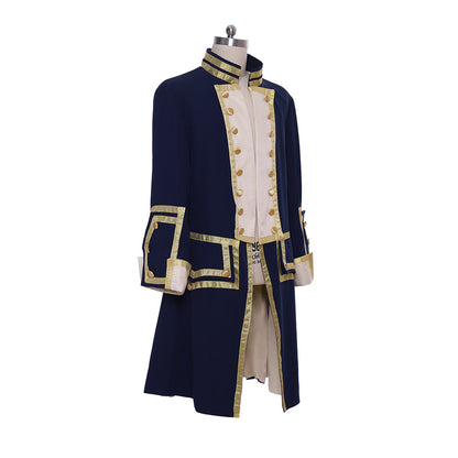 Regency Men's Navy Blue Gold Embellished Noble Military Inspired Court Costume Cosplay Stage Outfit Adult Halloween Christmas Party Themed Outfit