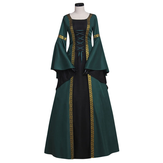 Medieval Women Renaissance Victorian Cosplay Costume Flared Long Sleeve Gold Trimmed Tie Waist Dark Green Black Gown Adult Ladies Halloween Christmas Dress