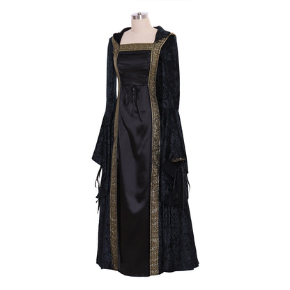 Victorian Gothic Women's Black and Gold Cosplay Dress with Square Neck, Long Sleeves, Lace-Up Front and Contrast Trim