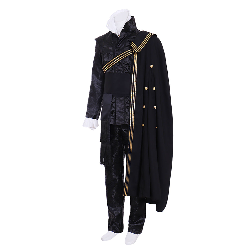 Tudor  Black Brocade Military - Style Costume with Gold Trim and Cape for Cosplay Themed Events Halloween Christmas or Themed Parties