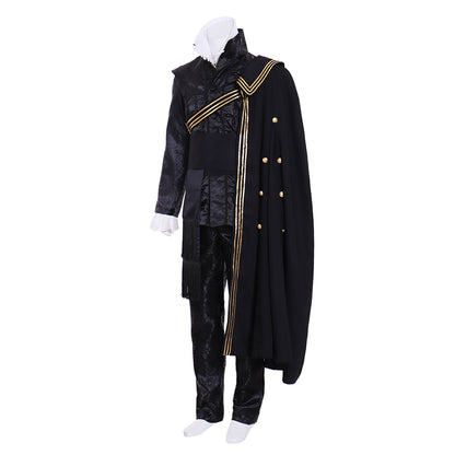 Tudor  Black Brocade Military - Style Costume with Gold Trim and Cape for Cosplay Themed Events Halloween Christmas or Themed Parties