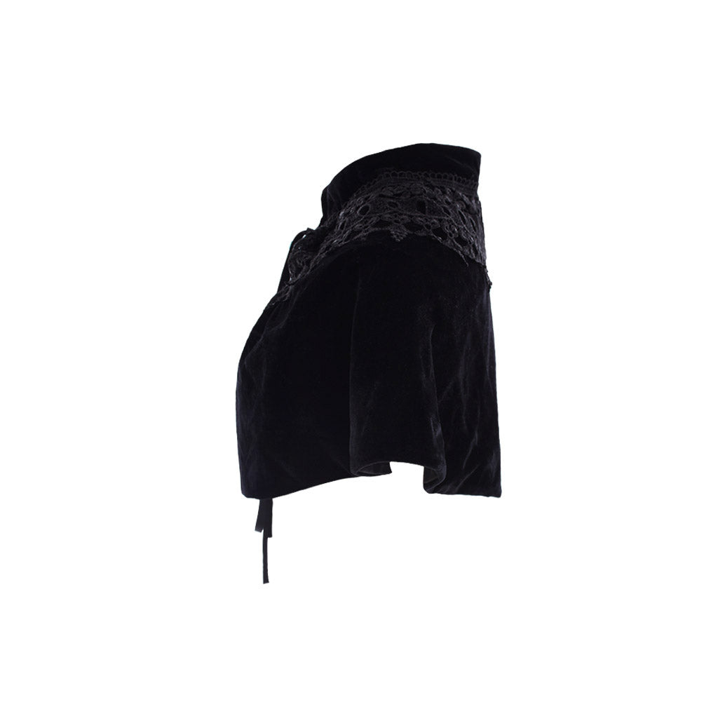 Medieval Gothic Black Velvet Cropped Capelet with Lace-Trimmed Neckline and Tie-Front Closure