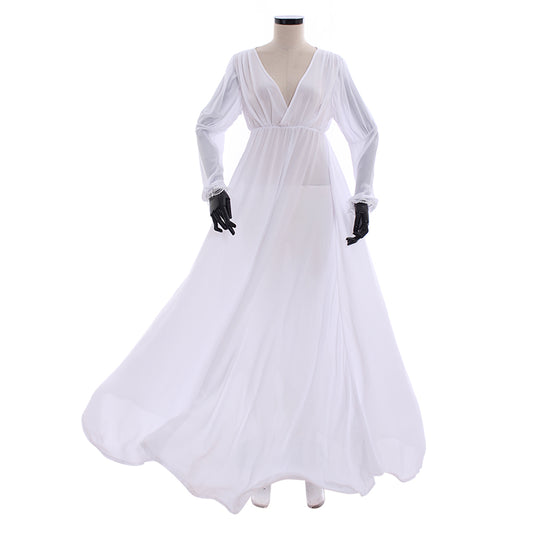 Medieval Gothic White Chiffon Deep V-Neck Long Sleeve HighWaisted Flowy Maxi Dress