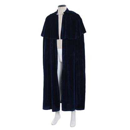 Medieval Renaissance Navy Blue Velvet Long Hooded Cloak with Clasp Closure