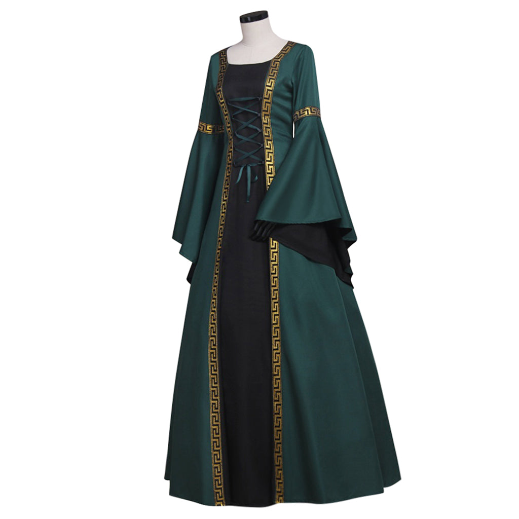 Medieval Women Renaissance Victorian Cosplay Costume Flared Long Sleeve Gold Trimmed Tie Waist Dark Green Black Gown Adult Ladies Halloween Christmas Dress