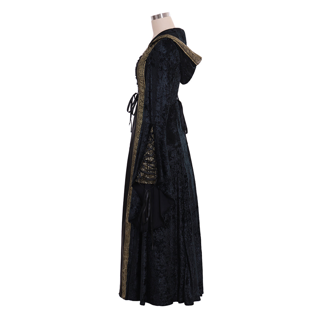 Victorian Gothic Women's Black and Gold Cosplay Dress with Square Neck, Long Sleeves, Lace-Up Front and Contrast Trim