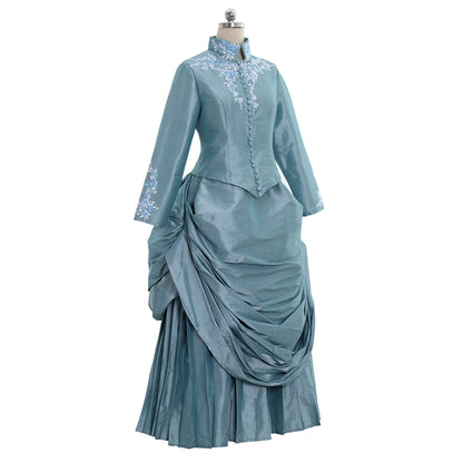 Victorian Rococo Medieval Floor Length Dress Ball Gown Party Costume Princess Patterned Ball Gown Stand Collar Long Sleeve Teal Women's Halloween Carnival Party Evening Dress Valentine's Day Party Masquerade Adults' Dress All