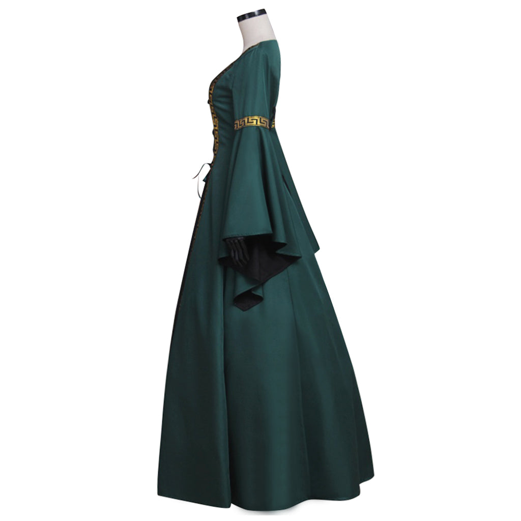 Medieval Women Renaissance Victorian Cosplay Costume Flared Long Sleeve Gold Trimmed Tie Waist Dark Green Black Gown Adult Ladies Halloween Christmas Dress