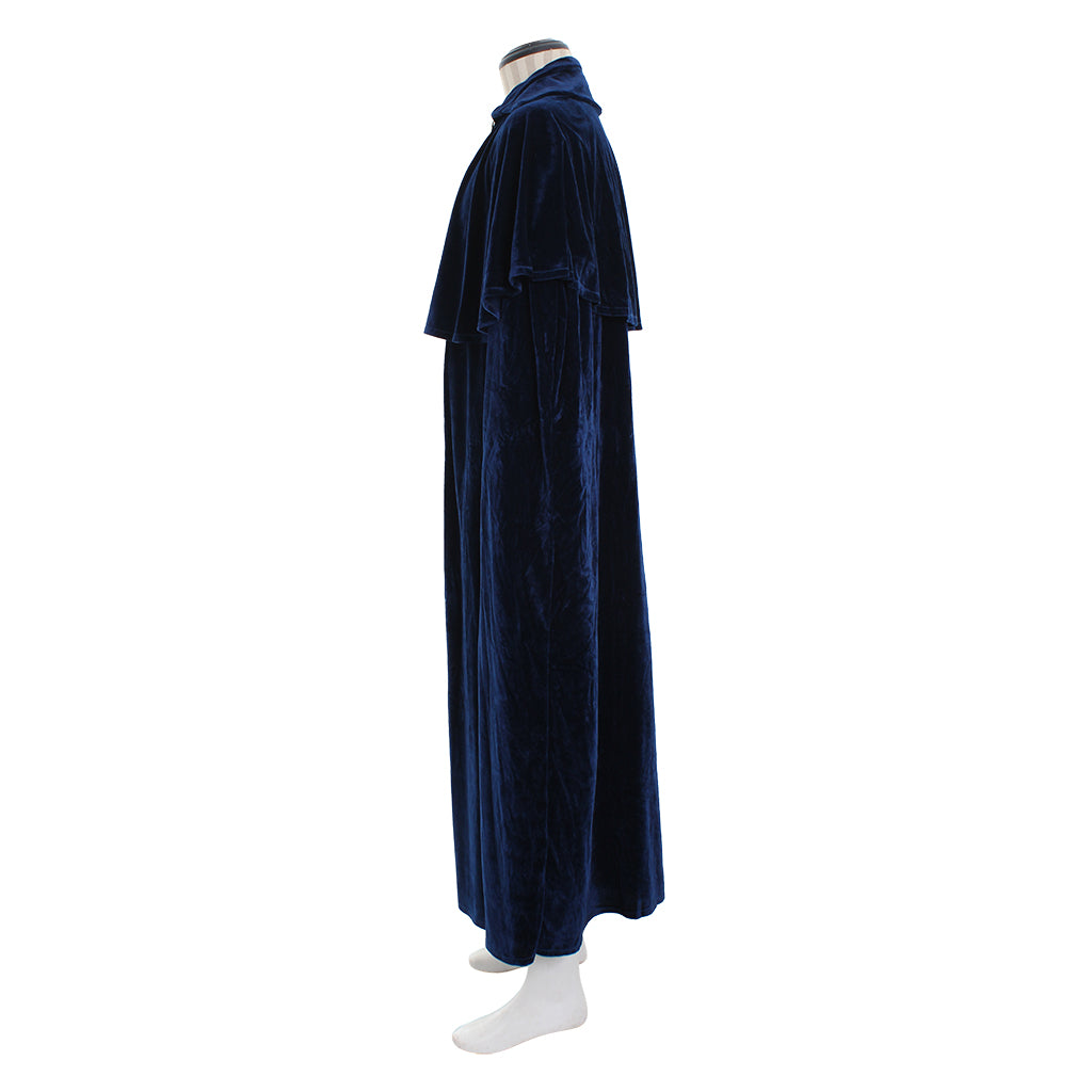 Medieval Renaissance Navy Blue Velvet Long Hooded Cloak with Clasp Closure