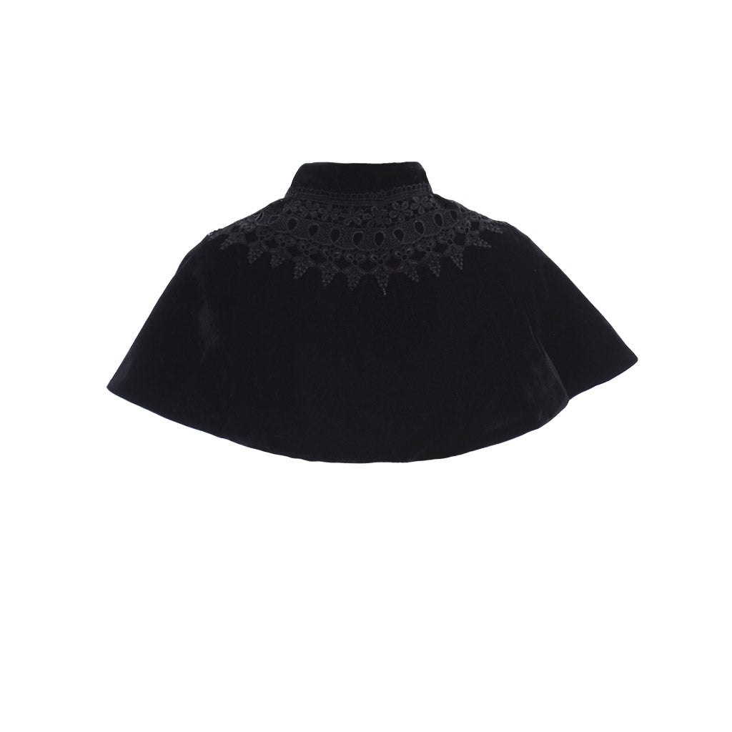 Medieval Gothic Black Velvet Cropped Capelet with Lace-Trimmed Neckline and Tie-Front Closure