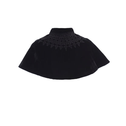 Medieval Gothic Black Velvet Cropped Capelet with Lace-Trimmed Neckline and Tie-Front Closure