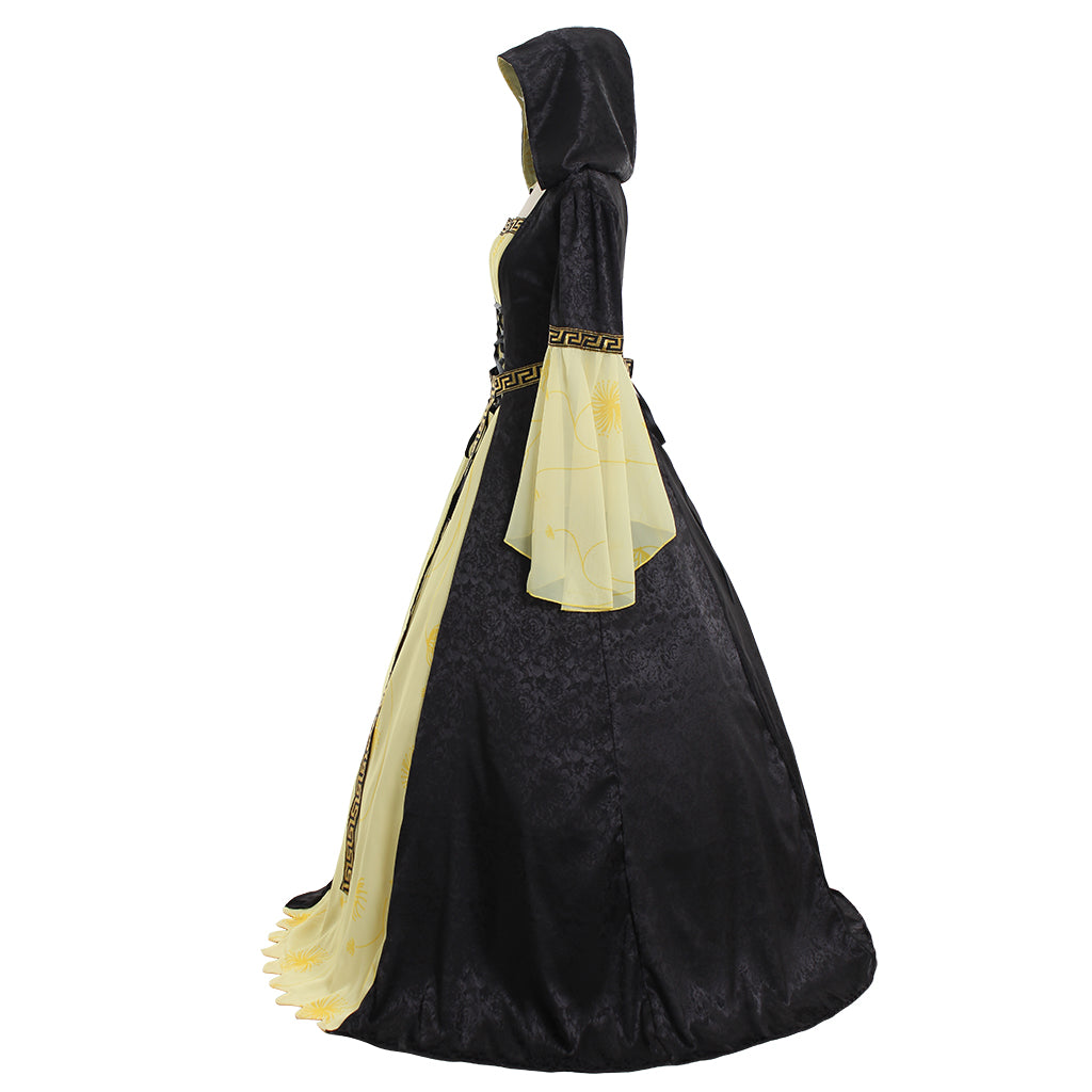 Medieval Women Renaissance Black And Yellow Cosplay Costume Adult Vintage Court Hooded Lace Up Long Sleeve Square Neck Maxi Dress