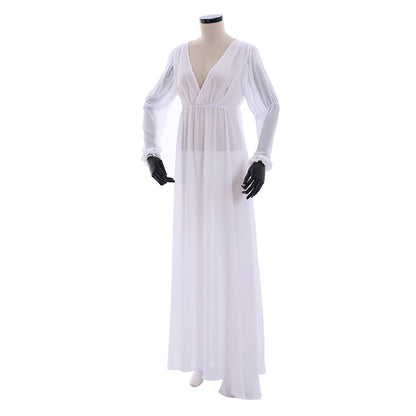 Medieval Gothic White Chiffon Deep V-Neck Long Sleeve HighWaisted Flowy Maxi Dress