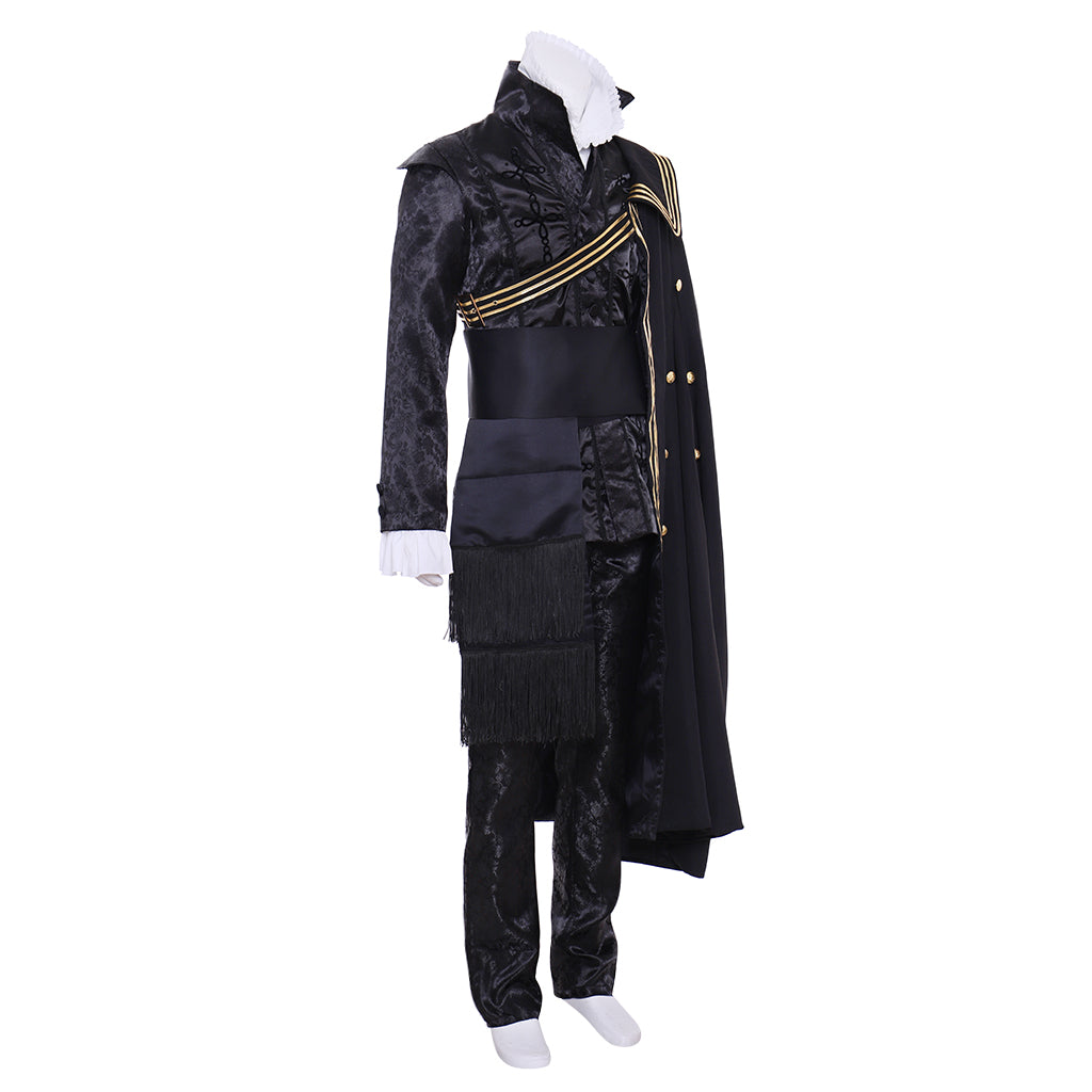Tudor  Black Brocade Military - Style Costume with Gold Trim and Cape for Cosplay Themed Events Halloween Christmas or Themed Parties