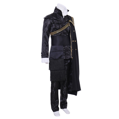 Tudor  Black Brocade Military - Style Costume with Gold Trim and Cape for Cosplay Themed Events Halloween Christmas or Themed Parties