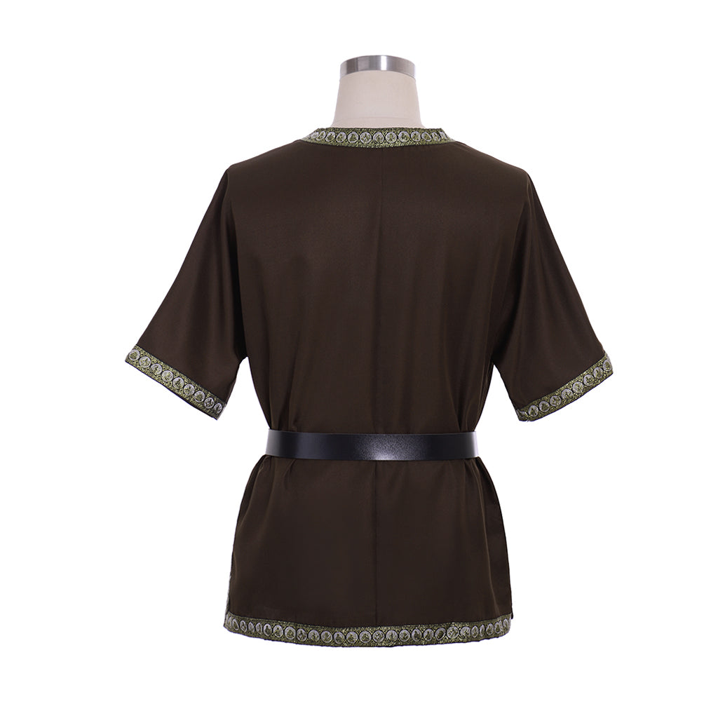 Medieval Men's Black Short  Sleeve Tunic with Gold Embroidered Trim and Black Belt for Cosplay Themed Events  Halloween Christmas or Parties