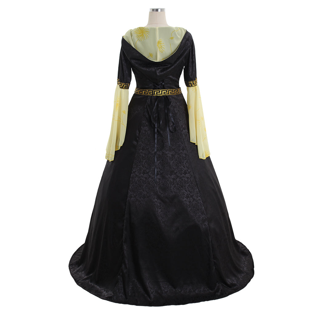 Medieval Women Renaissance Black And Yellow Cosplay Costume Adult Vintage Court Hooded Lace Up Long Sleeve Square Neck Maxi Dress