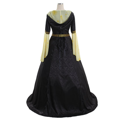 Medieval Women Renaissance Black And Yellow Cosplay Costume Adult Vintage Court Hooded Lace Up Long Sleeve Square Neck Maxi Dress