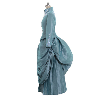 Victorian Rococo Medieval Floor Length Dress Ball Gown Party Costume Princess Patterned Ball Gown Stand Collar Long Sleeve Teal Women's Halloween Carnival Party Evening Dress Valentine's Day Party Masquerade Adults' Dress All