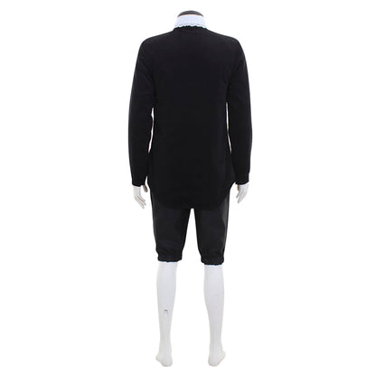Medieval Men's Black Tunic with White Collar, Buttons and Black Breeches Costume for Cosplay Themed Events Halloween Christmas or Themed Parties