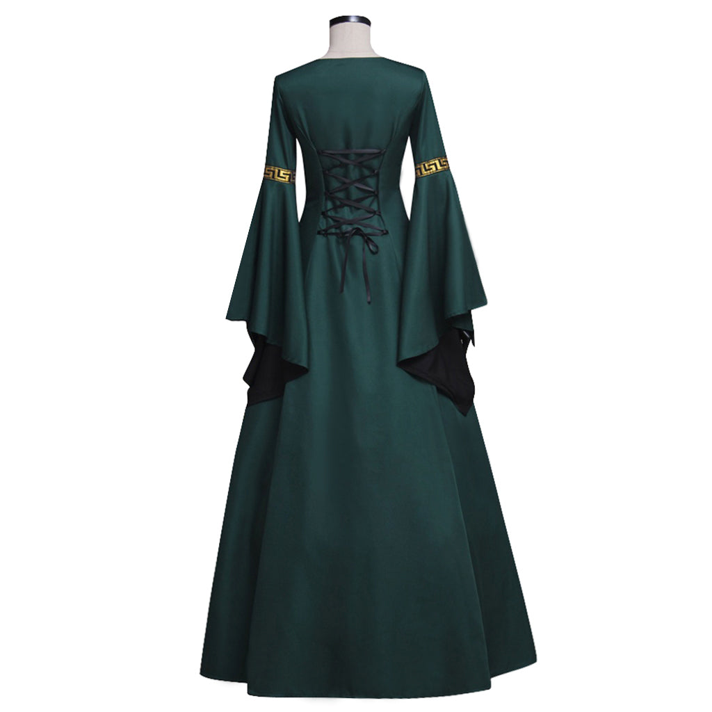 Medieval Women Renaissance Victorian Cosplay Costume Flared Long Sleeve Gold Trimmed Tie Waist Dark Green Black Gown Adult Ladies Halloween Christmas Dress