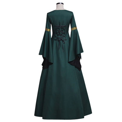 Medieval Women Renaissance Victorian Cosplay Costume Flared Long Sleeve Gold Trimmed Tie Waist Dark Green Black Gown Adult Ladies Halloween Christmas Dress