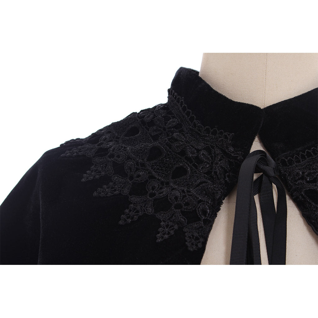 Medieval Gothic Black Velvet Cropped Capelet with Lace-Trimmed Neckline and Tie-Front Closure