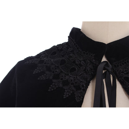 Medieval Gothic Black Velvet Cropped Capelet with Lace-Trimmed Neckline and Tie-Front Closure