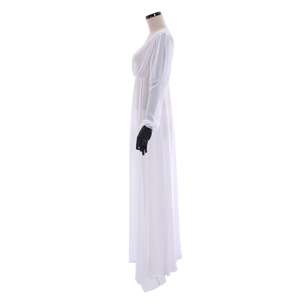 Medieval Gothic White Chiffon Deep V-Neck Long Sleeve HighWaisted Flowy Maxi Dress