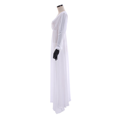 Medieval Gothic White Chiffon Deep V-Neck Long Sleeve HighWaisted Flowy Maxi Dress