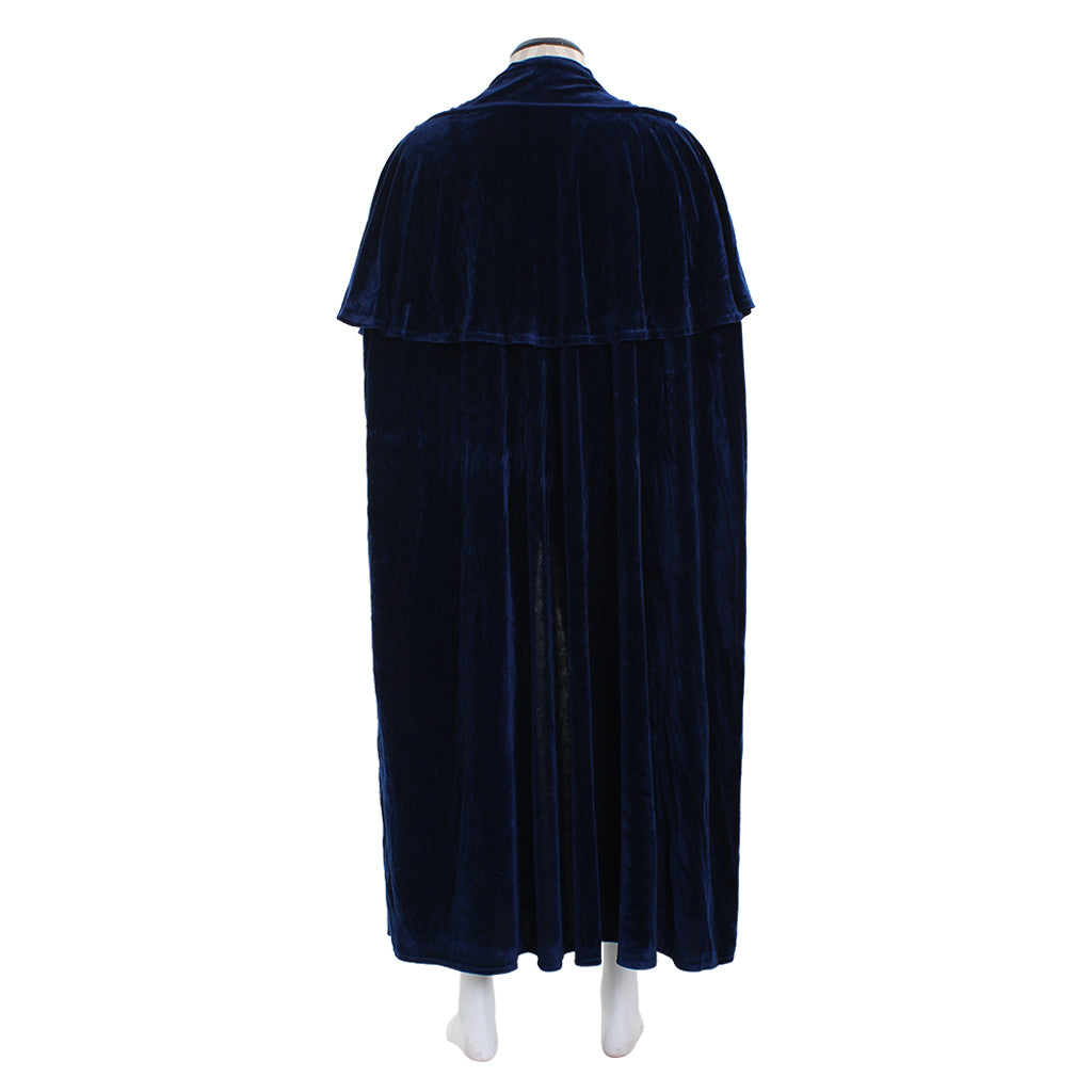 Medieval Renaissance Navy Blue Velvet Long Hooded Cloak with Clasp Closure