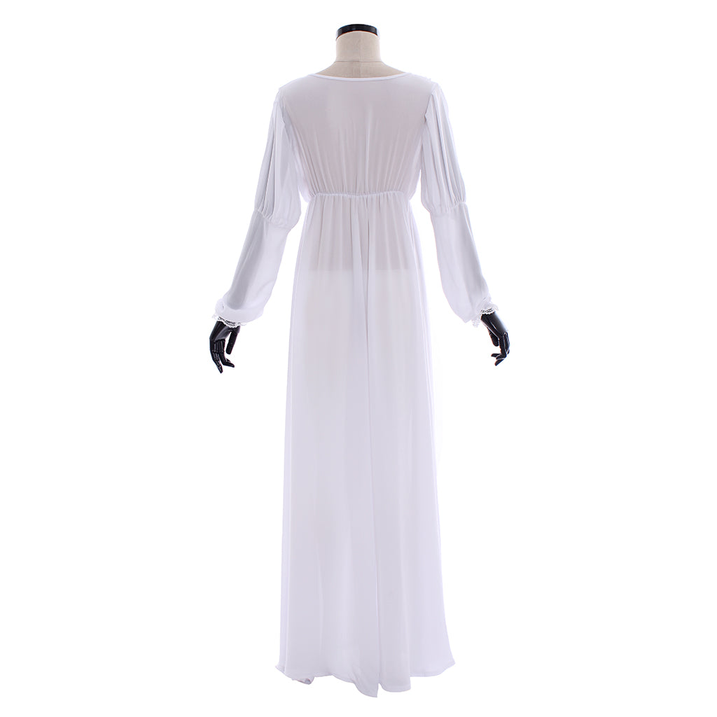Medieval Gothic White Chiffon Deep V-Neck Long Sleeve HighWaisted Flowy Maxi Dress