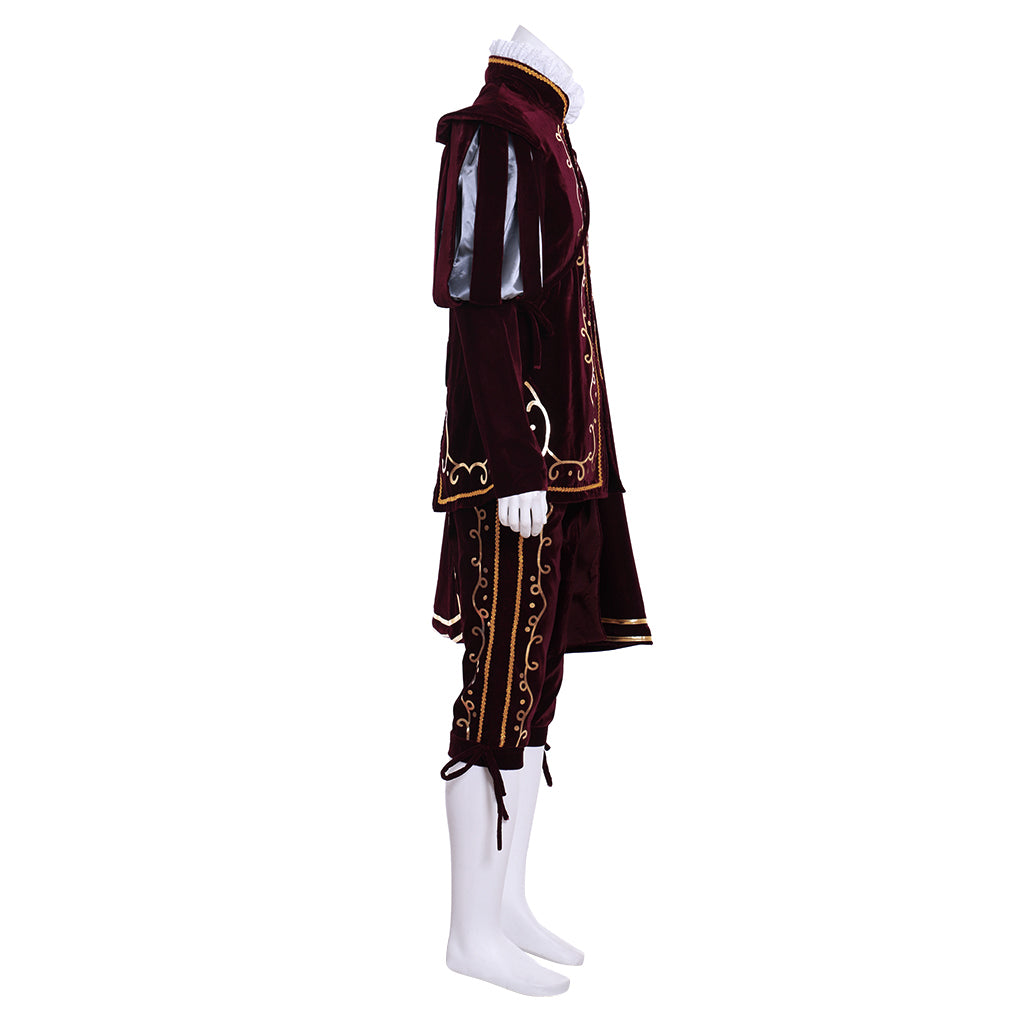 Renaissance Men's Gray Vest with White Trim and Maroon Cloak Tudor  style and Gray Breeches for Cosplay Themed Events Halloween Christmas or Themed Parties