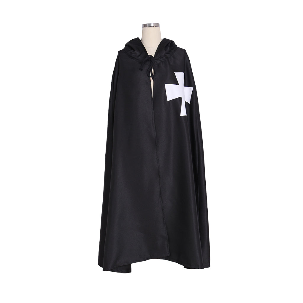 Medieval-Inspired Black Hooded Cloak with White Cross Emblem and Drawstring Closure